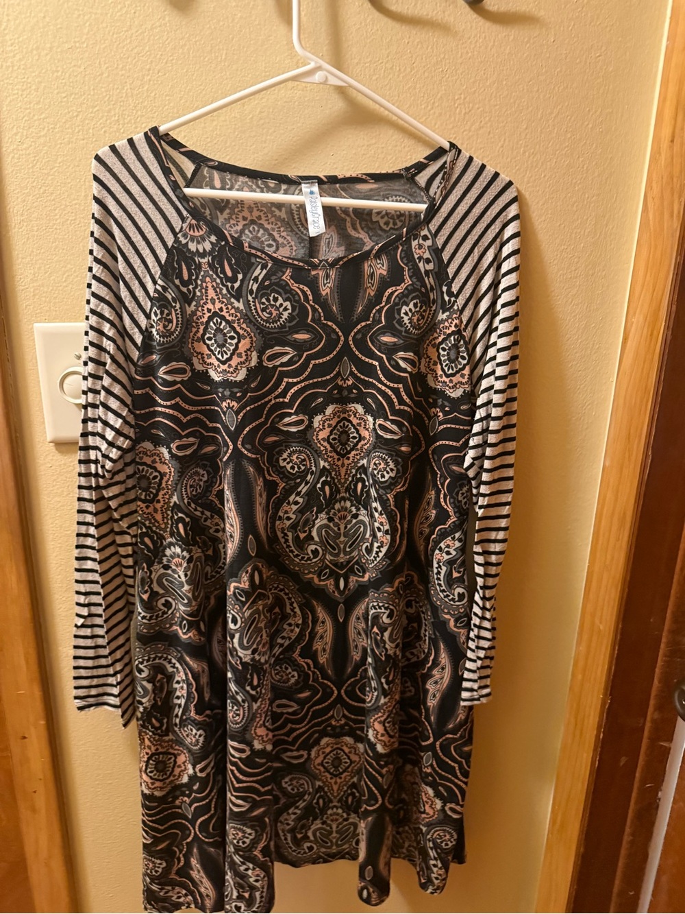 Black Paisley Raglan-Sleeve Swing Dress with Striped Sleeves